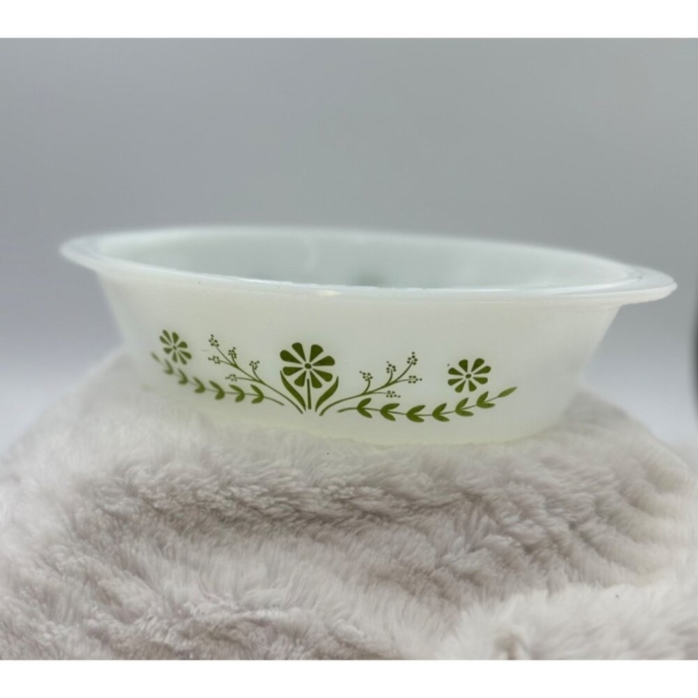 Vintage Glasbake Serving Dish, Oval Milk Glass Green Daisy Pattern J235 1 Quart
